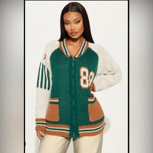 Fashion Nova Knit Cardigan -89 Forever Varsity Front Zip Sweater - Hunter
